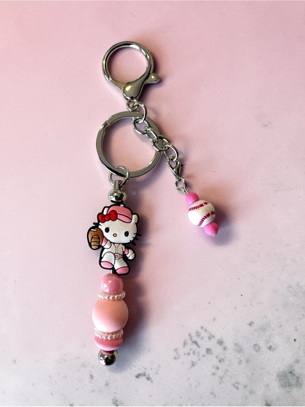 Hello Kitty Pink Beaded Keychain with Baseball Charm